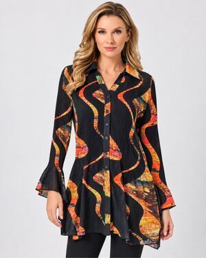 The Pyramid Collection Abstract Button Front Artsy Boho Tunic Top Black M NEW